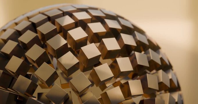 Abstract bronze sphere made of cubes looping 3d render animation