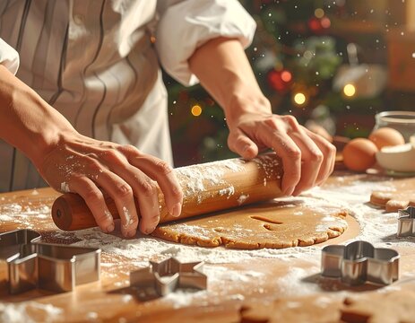 Close-up of person's hands rolling dough with rolling pin on wooden surface, surrounded by ingredients and cookie cutters, festive backdrop