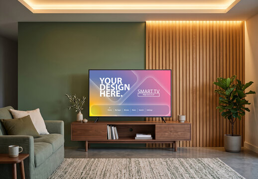 Smart Tv Mockup in living room with green walls and wooden slats
