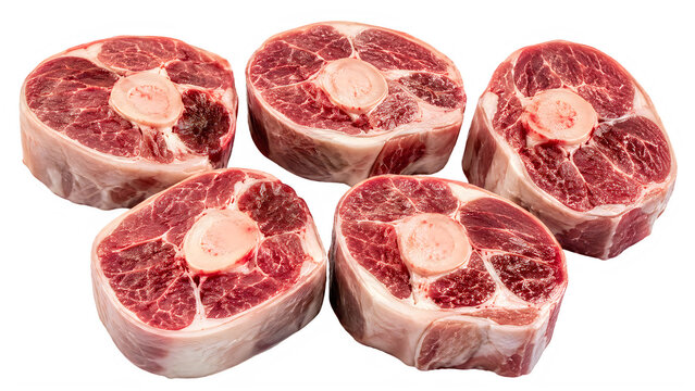 Raw beef shank cross cuts with marrow bone, fresh red veal osso buco meat portions, uncooked organic beef steak slices for slow cooking isolated on White Background ai