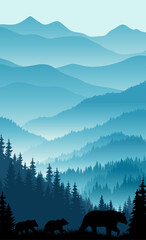 Misty Blue Mountain Layers with Pine Forest and Walking Bears Vertical Vector Landscape © Save Jungle