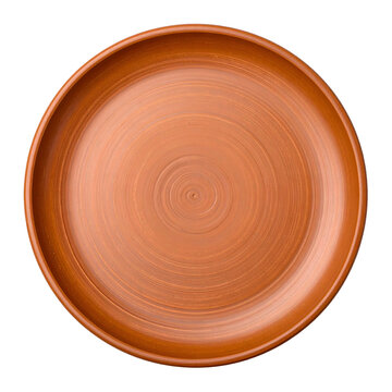 Empty round clay plate made of brown ceramic pottery for serving food isolated on transparent background