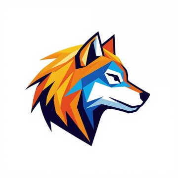 Geometric wolf head illustration in flat design style. Vibrant orange, blue, and red polygons form a stylized animal face. Modern graphic with sharp edges used for branding.