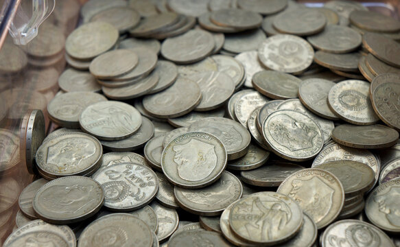 Soviet coins from 1961 denomination piled up, silver color, numismatic collection concept
