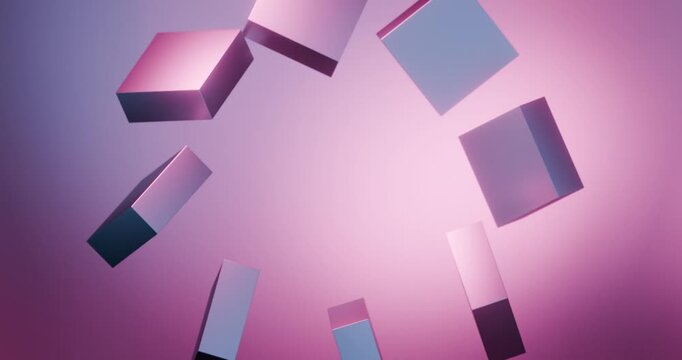 Floating abstract blocks in pink and purple light looping 3d render animation