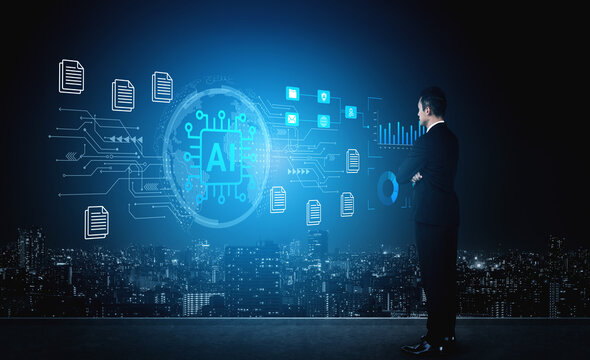 A businessman stands against a futuristic urban backdrop, analyzing artificial intelligence data trends displayed on a digital interface. Insightful representation of innovation in technology. Cyphers