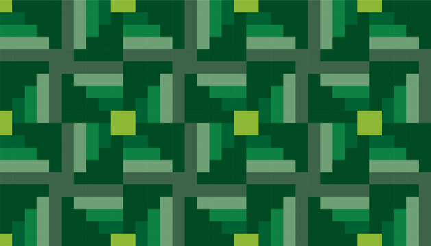 Seamless geometric pattern with green stair-shaped blocks, modern abstract vector background