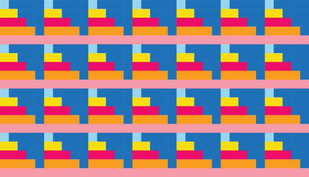 Seamless geometric pattern with colorful stair-shaped blocks, modern abstract vector background