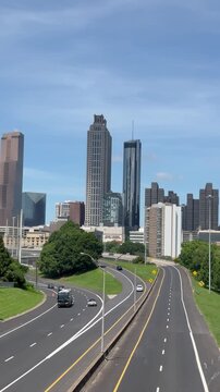 View of downtown Atlanta and the freeway from Jackson Street Bridge in Georgia. 