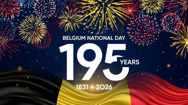 Celebration of Belgium's National Day with fireworks and the national flag, marking 195 years of independence, from 1831 to 2026