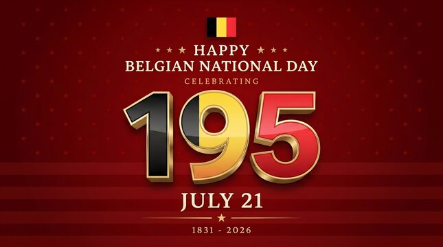 Happy Belgian National Day graphic with the number 195 celebrating July 21st, 1830 - 2026. The Belgian flag is at the top of the graphic, with a red background featuring a subtle pattern and stars