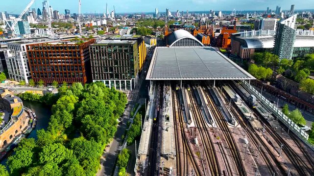 Aerial footage of St Pancras and Kings Cross train stations in London, England, UK