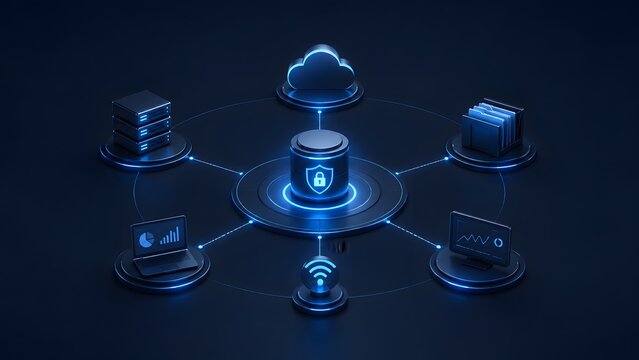 Secure Centralized Cloud Database Management System with Network Connection and Protection Icons