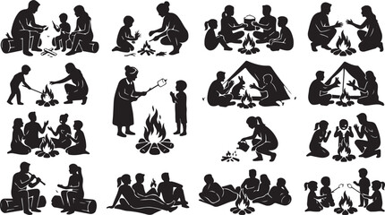 Obraz premium Set of black silhouettes of families and people camping at a campfire in nature for outdoor activity isolated on white background, Vector
