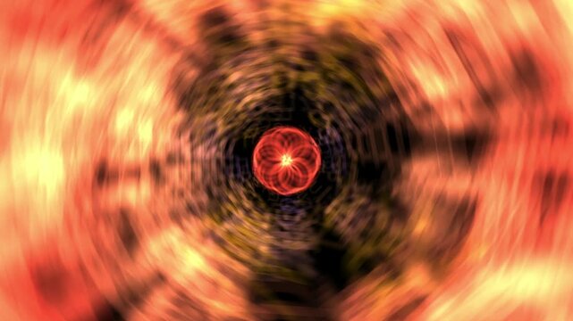 A vivid, abstract swirling tunnel featuring energetic patterns with bright red, orange, and yellow tones