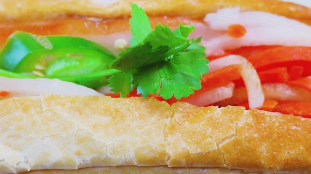 Macro texture of traditional Vietnamese banh mi sandwich fillings