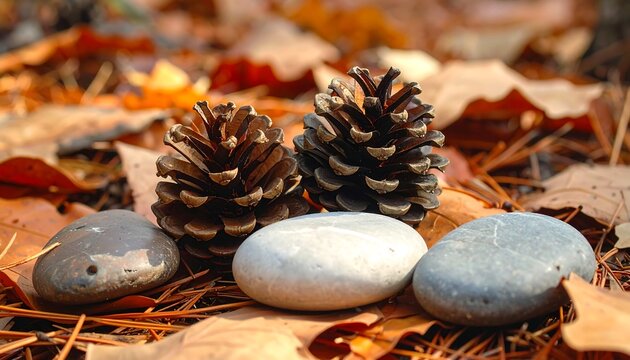 Close-up of pinecones and smooth stones resting on autumn leaves, earthy textures