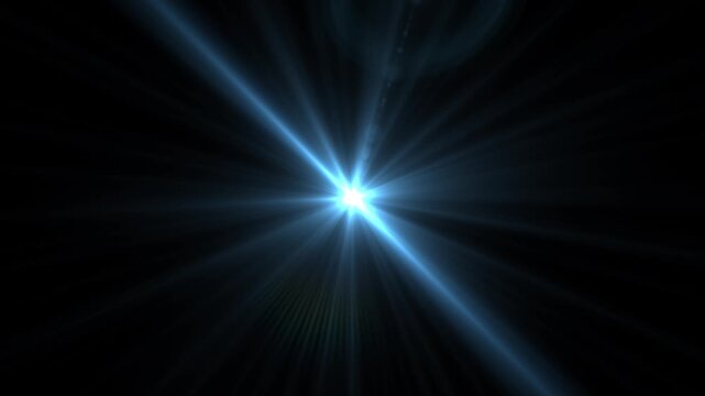 Bright blue light bursts against black backdrop. Sharp rays radiate outward with glowing intensity