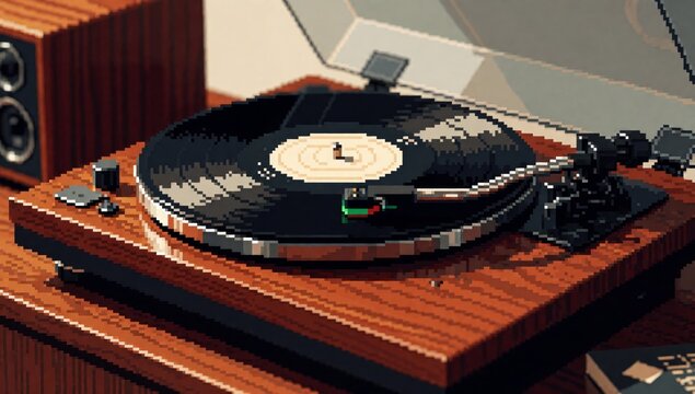 Close-up turntable vinyl record center needle pointing towards right side turntables made wood have brown fini