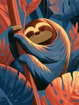 Cute sloth sleeping peacefully on a tree branch surrounded by tropical jungle leaves illustration vibrant cartoon flat design  poster banner child card textile print wild animal concept