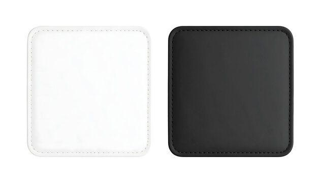 Leather square coasters in black and white colors featuring detailed stitching edges for home bar or office desk decor isolated mockup&nbsp;