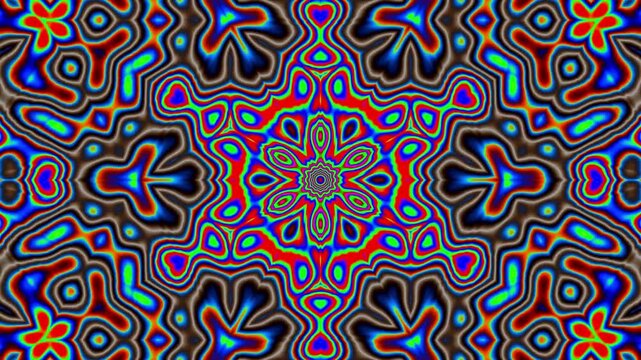 Three keyframes display evolving symmetrical patterns with bright, shifting neon colors