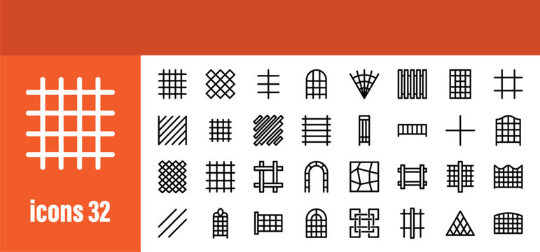 Garden and architectural trellis vector icons set. Decorative grid and lattice outline symbols for support and design.