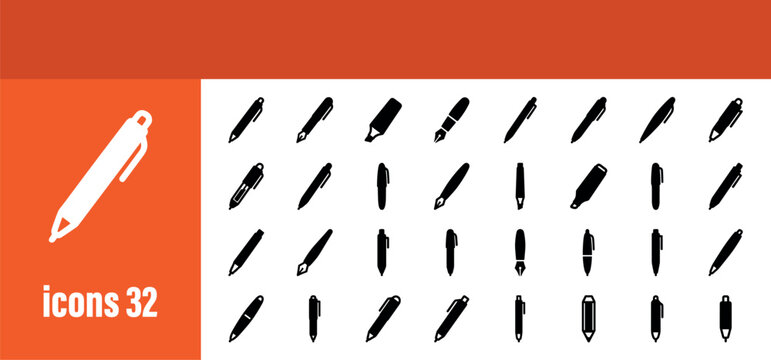 Writing and drawing pens vector icons set. Stationery and calligraphy pen outline symbols for school and office.