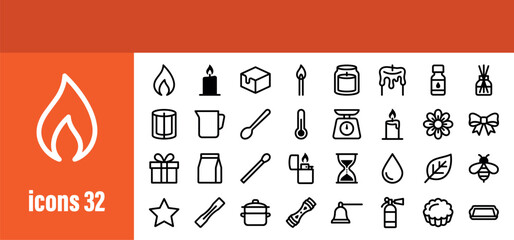Fototapeta premium Candles and candle making outline icons set, Aromatherapy and cozy home decor line art pictograms, Crafting and decorative candle symbols