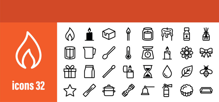 Candles and candle making outline icons set, Aromatherapy and cozy home decor line art pictograms, Crafting and decorative candle symbols