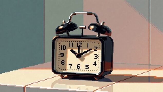 Digital illustration alarm clock black color has square face white numbers hands arranged grid-like pattern ho