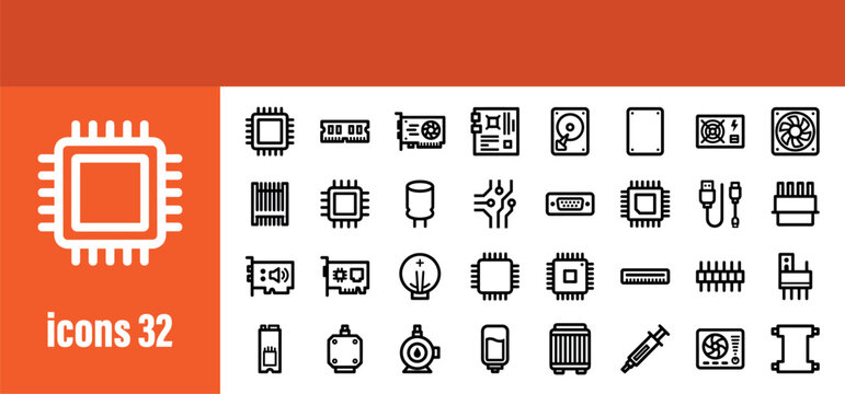 Computer Hardware Outline Icons Set. Vector Collection of PC Components, Chips, and Electronic Parts.