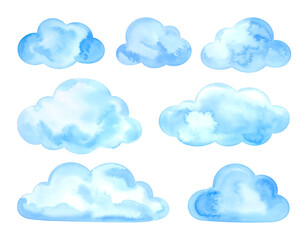 Fototapeta premium Watercolor clouds collection featuring various fluffy blue shapes isolated as artistic design elements for creative digital projects and weather themed graphic compositions&nbsp;