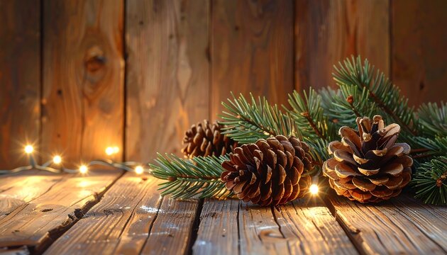 Close-up of pinecones, evergreen boughs, & twinkling lights on a rustic wooden table
