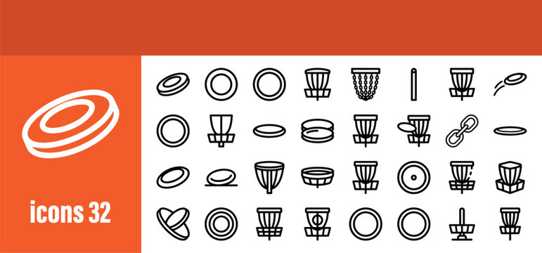 Discs vector line icon pack. Flying disc, frisbee, and disc golf game symbols.