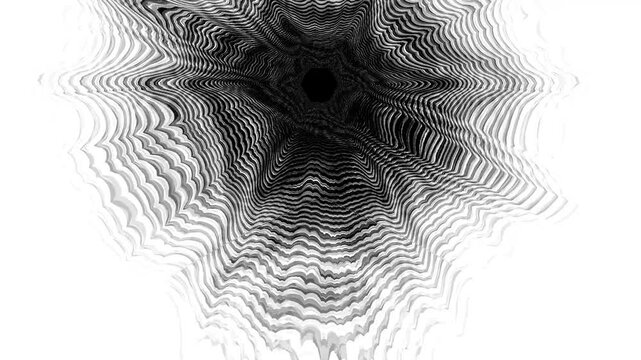 Concentric black and white wave patterns radiate from a central void