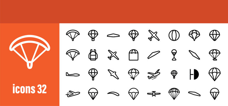 Gliding, Parachuting, and Aviation Line Icons Set