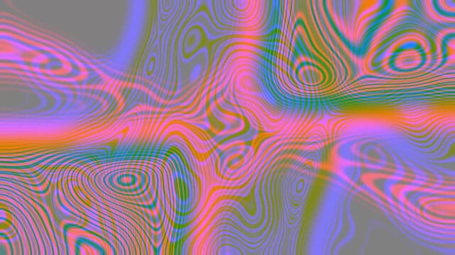 This digital artwork features an abstract pattern with flowing, colorful wavy lines in neon shades