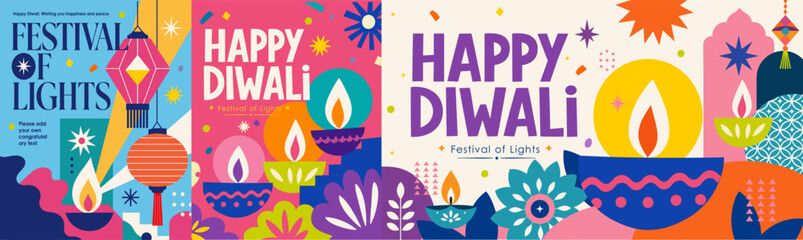 Fototapeta na wymiar Happy Diwali. The Indian Festival of Lights. Vector abstract illustrations of diya lamps, lanterns, bold typography, geometric shapes, flower, and festive abstract design for a holiday vector greeting