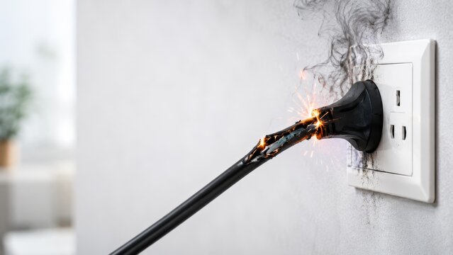 Electrical spark and smoke from overloaded power outlet. Damaged wall socket with burning plug. Danger of short circuit and fire hazard in home wiring