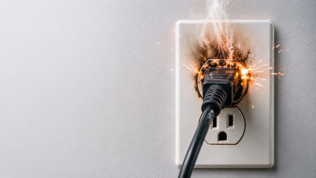 Electrical spark and smoke from overloaded power outlet. Damaged wall socket with burning plug. Danger of short circuit and fire hazard in home wiring