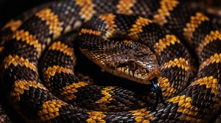 Fototapeta premium Close up macro view of coiled rattlesnake showing intricate scale patterns and yellow markings. Reptiles tongue flicks out sensing environment. Wild venomous snake.