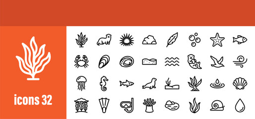 Ocean and Marine Life Outline Icons Set © liubomir118809