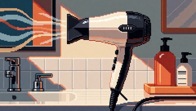 Digital illustration bathroom black white hair dryer stand front sink faucet mirror right side there bottles h