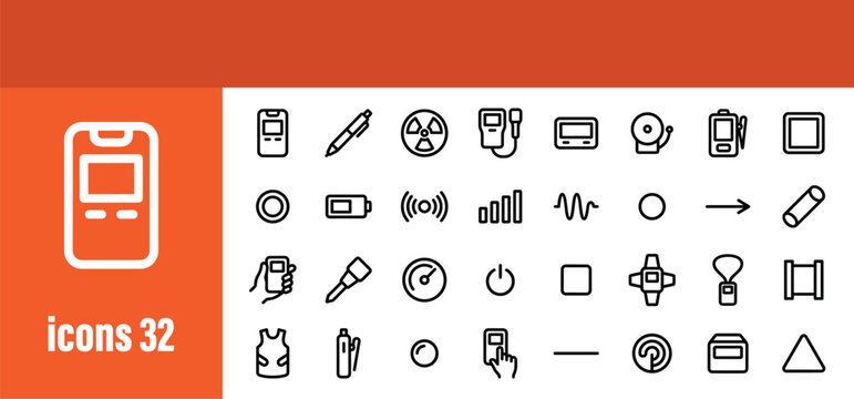 Radiation detection and measurement line icons set for safety and scientific instruments.