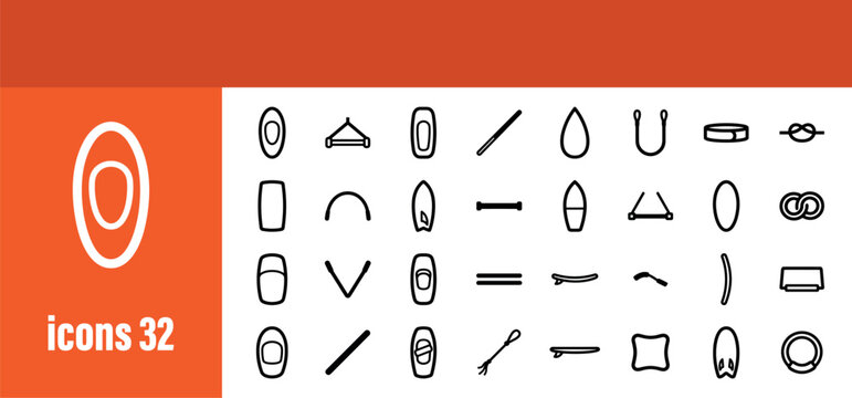Water Sports and Oblong Shapes Line Icons Set. Collection of various board sports equipment, ropes, and abstract oval elements.