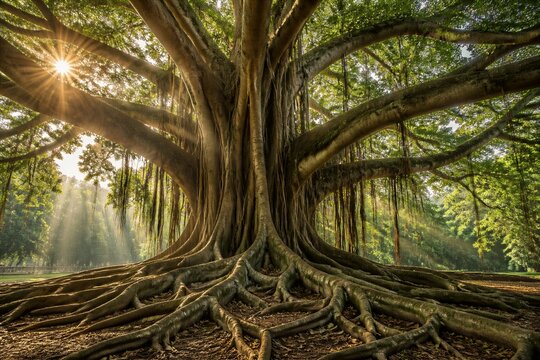 Ancient banyan tree with exposed roots in sunlit forest park