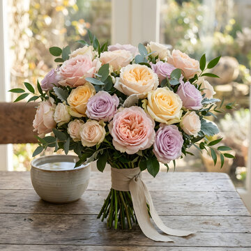 Colorful bouquet of fresh cut flowers in ceramic vase.