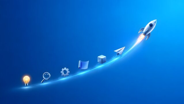 3D silver rocket flying on a glowing upward curve with business process icons representing startup idea development and successful launch trajectory.