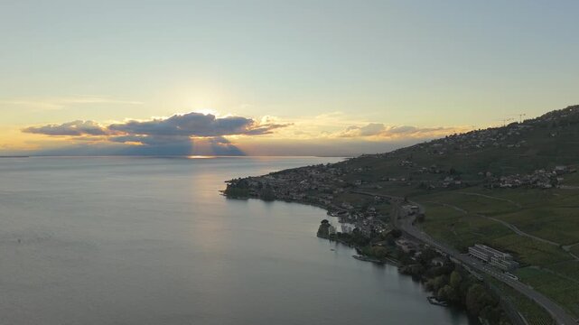 Aerial drone view of Lavaux vineyards during autumn sunset